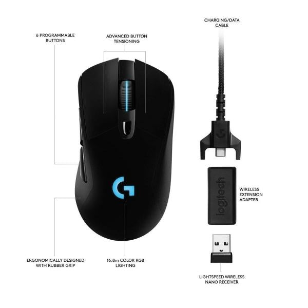 Мишка, Logitech G703 Wireless Mouse, Lightsync RGB, Lightspeed Wireless, HERO 25K DPI Sensor, 400 IPS, 6 Programmable Buttons, 95g, Black