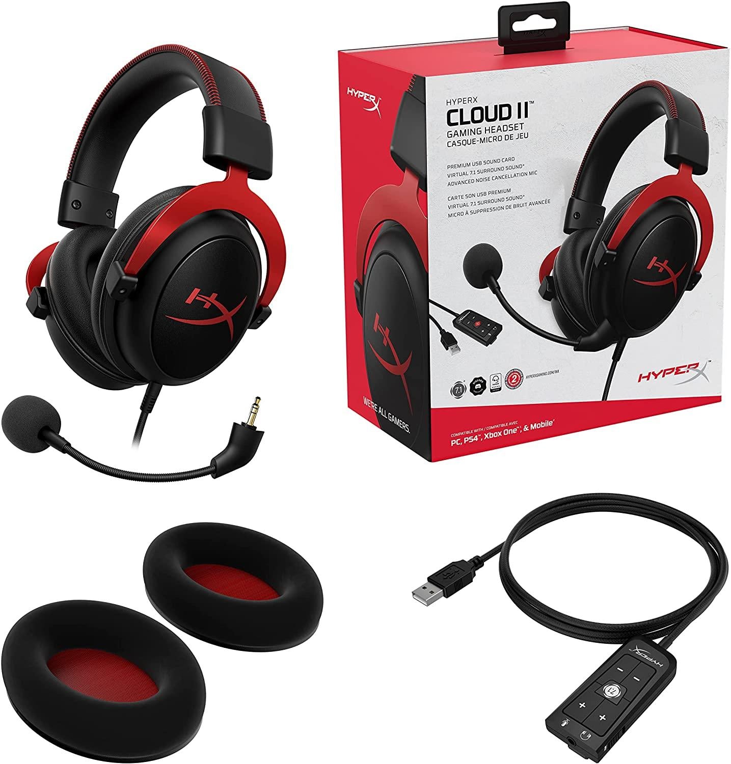 Геймърски слушалки HyperX Cloud II Red, Микрофон, ЧерноЧервено - HX-HEAD-CII-RD